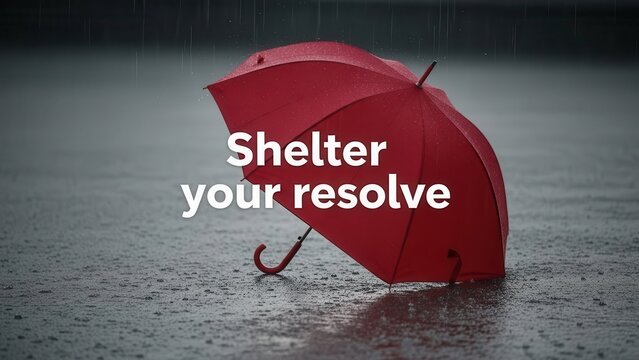 A vibrant red umbrella open in the pouring rain providing shelter, symbolizing resilience and steadfastness.