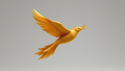 Obraz premium Golden bird flying gracefully in a clear sky with vibrant wings spreading wide