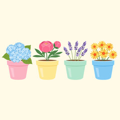Fototapeta premium Vibrant illustration of four diverse potted plants with colorful flowers, perfect for conveying the beauty of home gardening and floral diversity