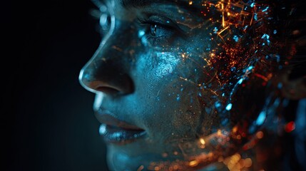 Obraz premium Abstract portrait of a human face with glowing digital particles
