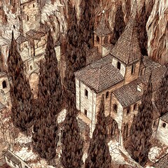 Architectural drawing of a medieval village nestled amongst a forest with church dominating