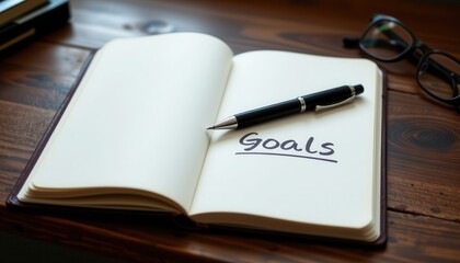 Open Notebook with Goals Written in Bold on Wooden Desk Surrounded by Pen and Glasses
