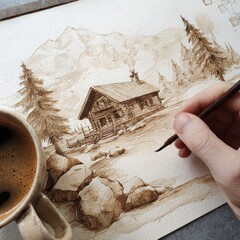 Sepia tone artwork, a cabin in the mountains, with a hand painting and coffee cup