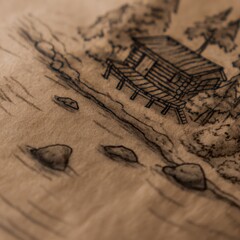 Hand-drawn artistic cabin, shore and forest. Ink sketch with textured paper aesthetic