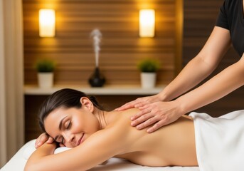 Obraz premium Relaxed woman enjoying a therapeutic back massage in a dimly lit spa room