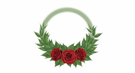 A beautiful floral wreath with red roses and green leaves on a white background