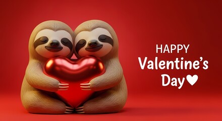 Obraz premium Two adorable sloth figurines holding a heart and wishing a happy Valentine's Day on a red background