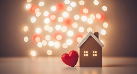 A small brown house with a white roof and a red heart on a table with bokeh lights in the background