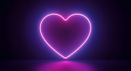 A neon pink heart glows brightly against a dark background with a purple reflection on the floor