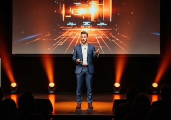 Man in blue suit presenting on stage with digital background and orange spotlights