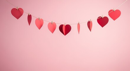 A string of pink and red paper hearts hanging on a line against a soft pink background for Valentine's Day