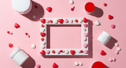 A white picture frame surrounded by heart-shaped candies and open pill bottles on a pink background