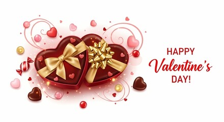 A Valentine's Day greeting card with a heart-shaped gift box and festive decorations on a white background