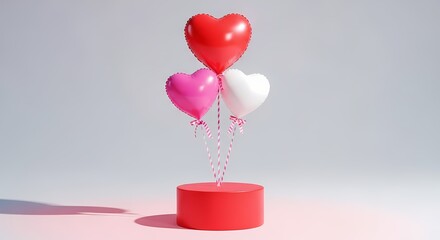 Three heart-shaped balloons tied to a red cylindrical base on a pink and gray background for Valentine's Day