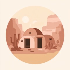 A southwestern desert landscape featuring adobe buildings, mountains, and stylized vegetation, in a circle