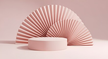 A pink cylindrical podium with two decorative pink fans on a matching pink background and surface