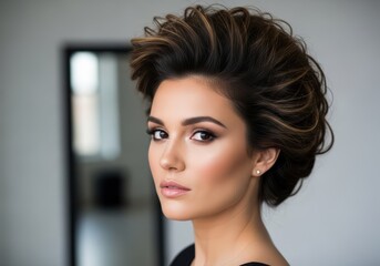 Elegant woman with sophisticated updo hairstyle and flawless makeup posing for a portrait