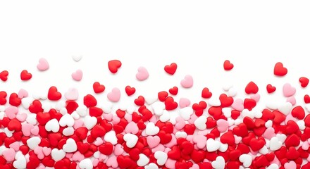A colorful assortment of small heart-shaped candies in red pink and white scattered on a plain white background
