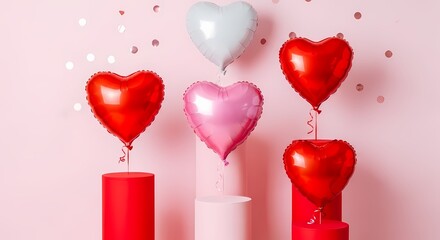 A festive arrangement of heart-shaped balloons on pink pedestals against a pink background with confetti