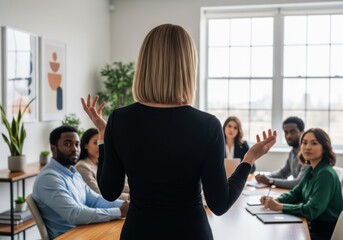Businesswoman presenting to diverse team in modern office meeting room
