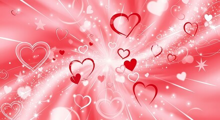 A vibrant pink background with a burst of red and white hearts and sparkles radiating outward