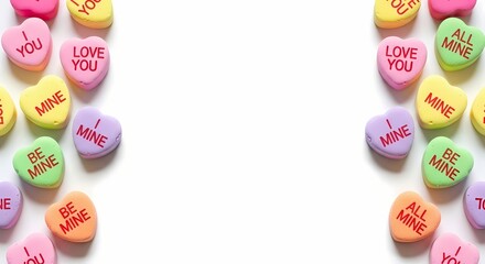 Colorful conversation hearts with love messages arranged on a white background for Valentine's Day or sweet treats