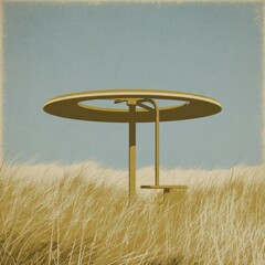 A whimsical outdoor fixture, its canopy hovering over tall grasses, against a serene sky