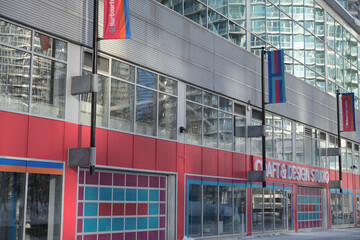 Naklejka premium exterior building facade and sign of Craft & Design Studio located at Harbourfront Centre, Toronto