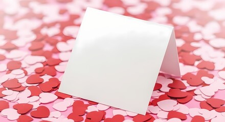 A blank white card standing on a background of red and pink heart shaped confetti