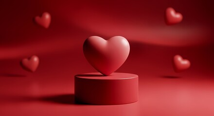 A large red heart sits on a cylindrical pedestal surrounded by smaller floating hearts in a dark red background