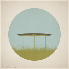 A minimalist table silhouette stands in a field within a light blue circle, on a textured background