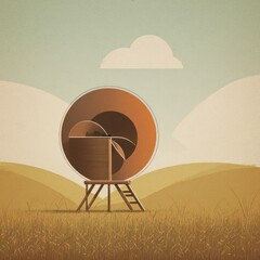 Stylized landscape with a circular object and a wooden structure. Sky and rolling hills are visible