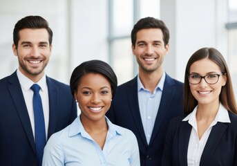 Diverse group of smiling business professionals in suits, representing teamwork and success