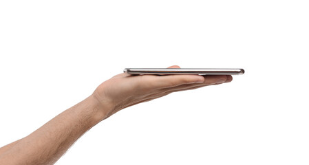 Naklejka premium Modern smartphone flat lying on open man palm, side view panorama with copy space