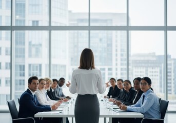 Businesswoman leading a meeting with diverse team in a modern office boardroom