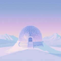 A geometric dome structure rests atop a snowy mound, set against a pastel-colored sky