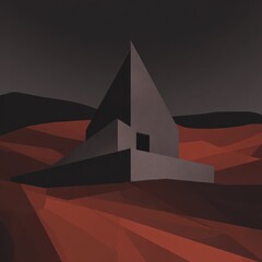 Geometric structure on a reddish landscape under a dark sky, abstract and modern