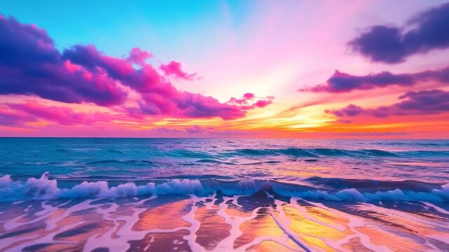 Tropical sunset waves lap softly in the sunlight, with the sky painted in stunning shades of pink, golden yellow, and purple.