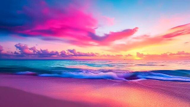 Tropical sunset waves lap softly in the sunlight, with the sky painted in stunning shades of pink, golden yellow, and purple.