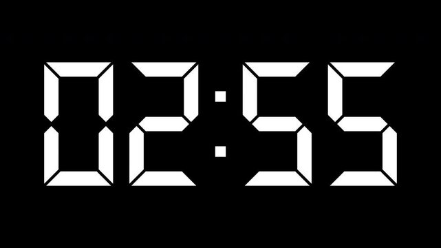 Animation of a digital timer for a 1-minute countdown from 3 to 2 minutes. 4K video with alpha channel