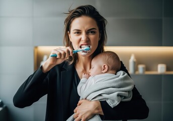 Busy mother brushing teeth while holding sleeping baby in bathroom, multitasking mom life