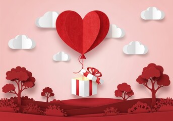 Heart shaped balloon floats above a gift box in a whimsical paper art landscape