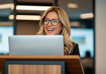 Smiling businesswoman with glasses laughing while presenting at a conference with a laptop