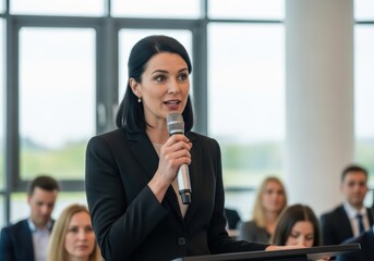 Professional woman speaking into a microphone at a conference or presentation event