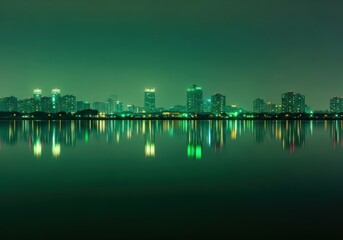 Modern city skyline at night with vibrant lights reflecting on calm water surface