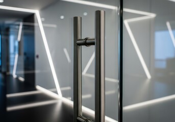 Modern glass door with brushed metal handles in a sleek, illuminated hallway