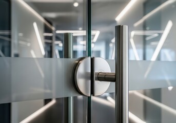 Modern office glass door with brushed metal handle and frosted strip