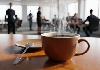 Steaming cup of coffee on a wooden table in a modern office setting with blurred people
