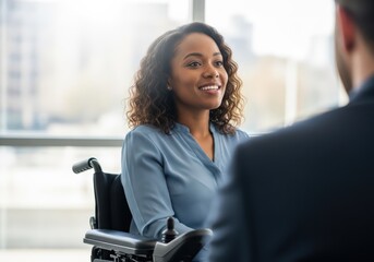 Smiling woman in wheelchair during a business meeting, discussing ideas with colleague