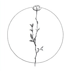 Delicate black and white botanical line art of a rose stem within a circle